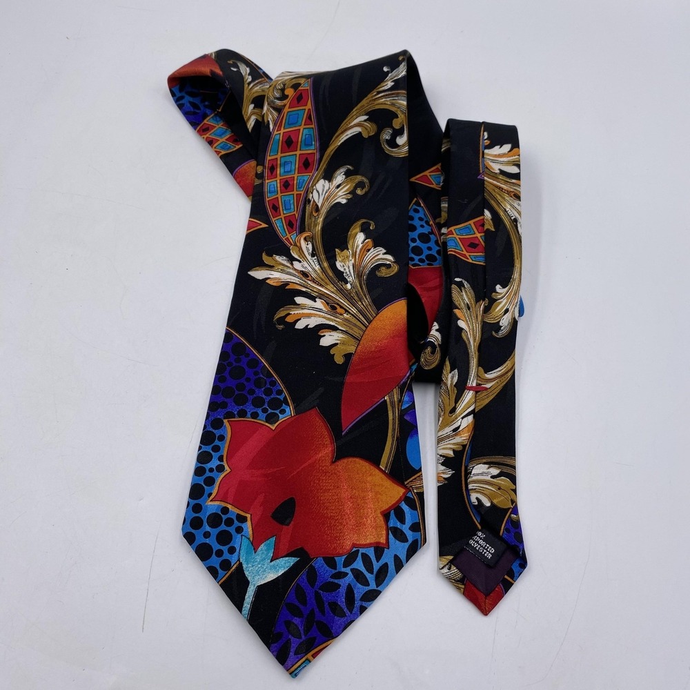 Vintage Johnny Carson Tie Mens Black Multicolor‎ Abstract Floral Made USA 90s